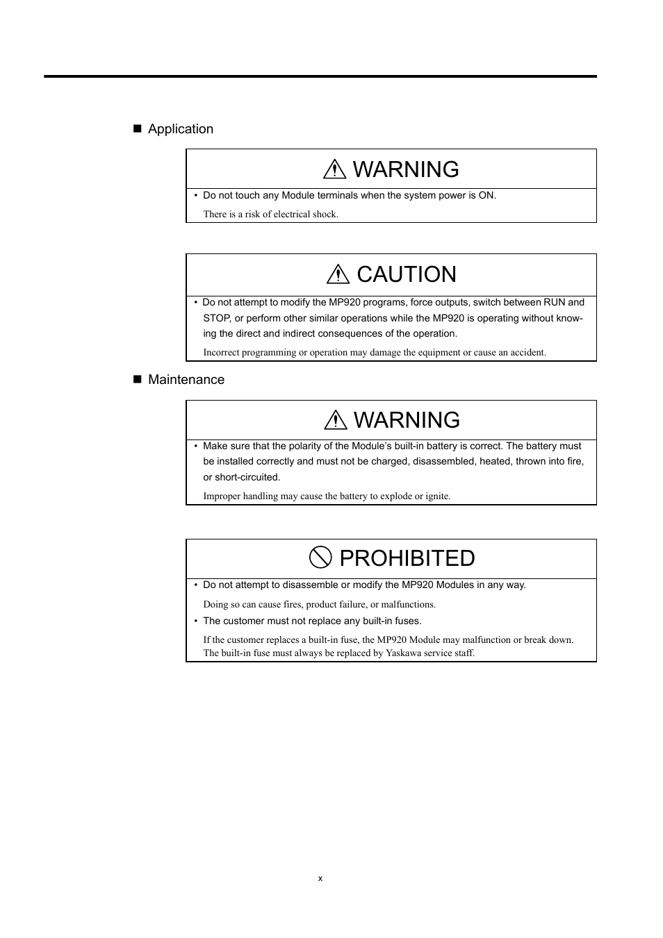 Warning, Caution, Prohibited | Yaskawa MP920 User's Manual Design User Manual | Page 10 / 565
