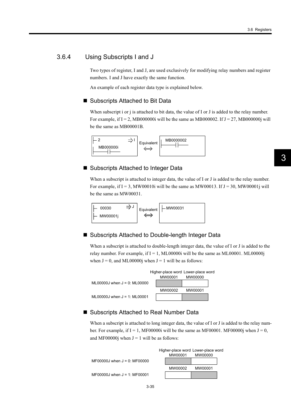 4 using subscripts i and j, Subscripts attached to bit data, Subscripts attached to integer data | Subscripts attached to double-length integer data, Subscripts attached to real number data | Yaskawa MP920 User's Manual Design User Manual | Page 109 / 565