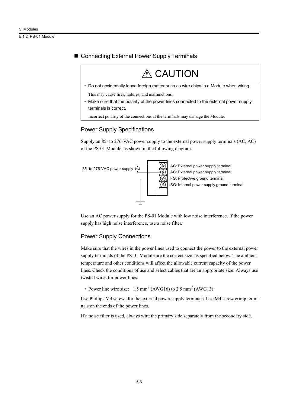 Caution, Power supply connections | Yaskawa MP920 User's Manual Design User Manual | Page 201 / 565