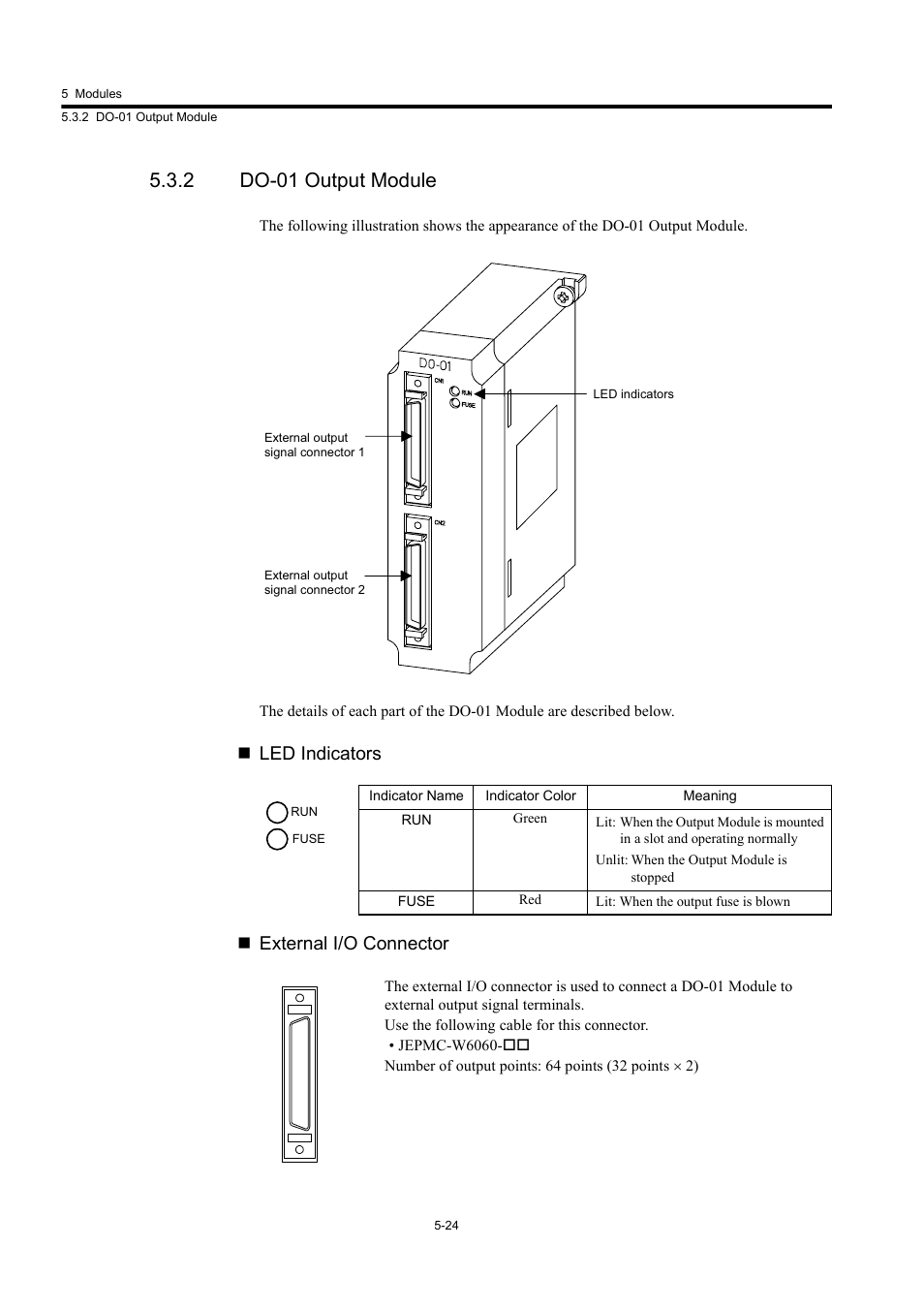 2 do-01 output module, Led indicators  external i/o connector | Yaskawa MP920 User's Manual Design User Manual | Page 219 / 565