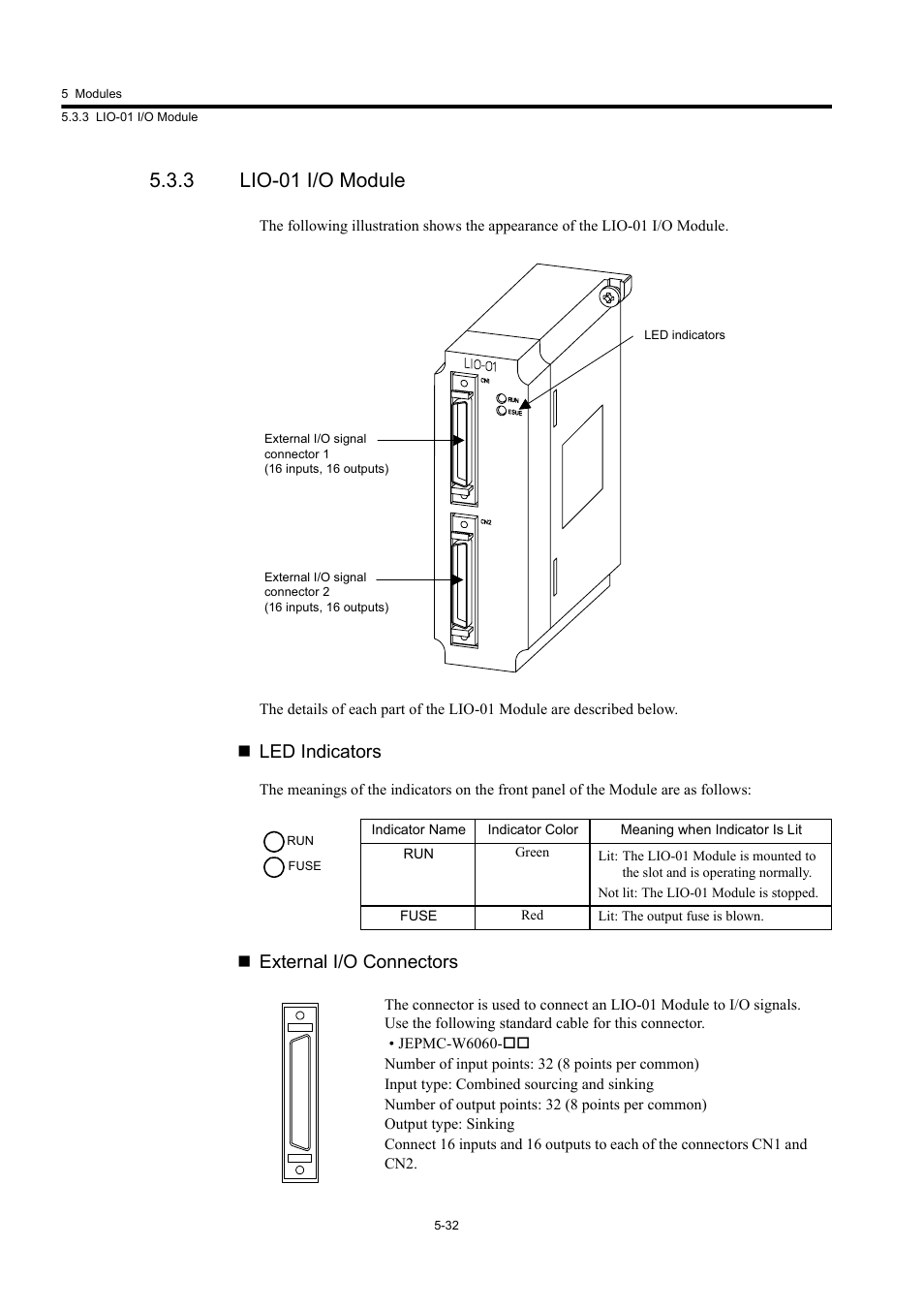 3 lio-01 i/o module, Led indicators, External i/o connectors | Yaskawa MP920 User's Manual Design User Manual | Page 227 / 565