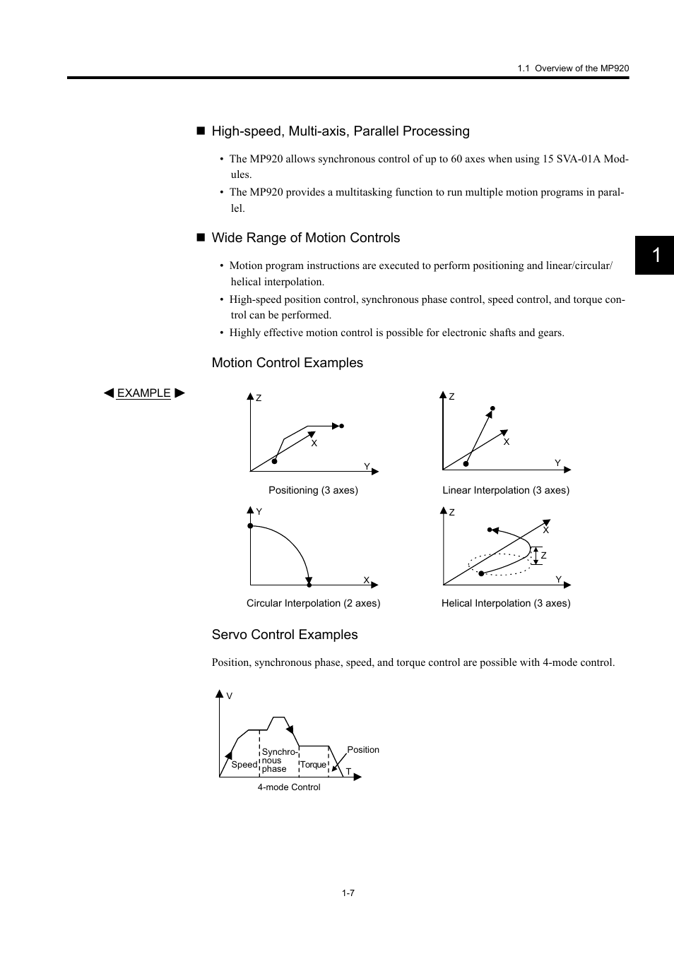 High-speed, multi-axis, parallel processing, Wide range of motion controls, Motion control examples servo control examples | Yaskawa MP920 User's Manual Design User Manual | Page 23 / 565