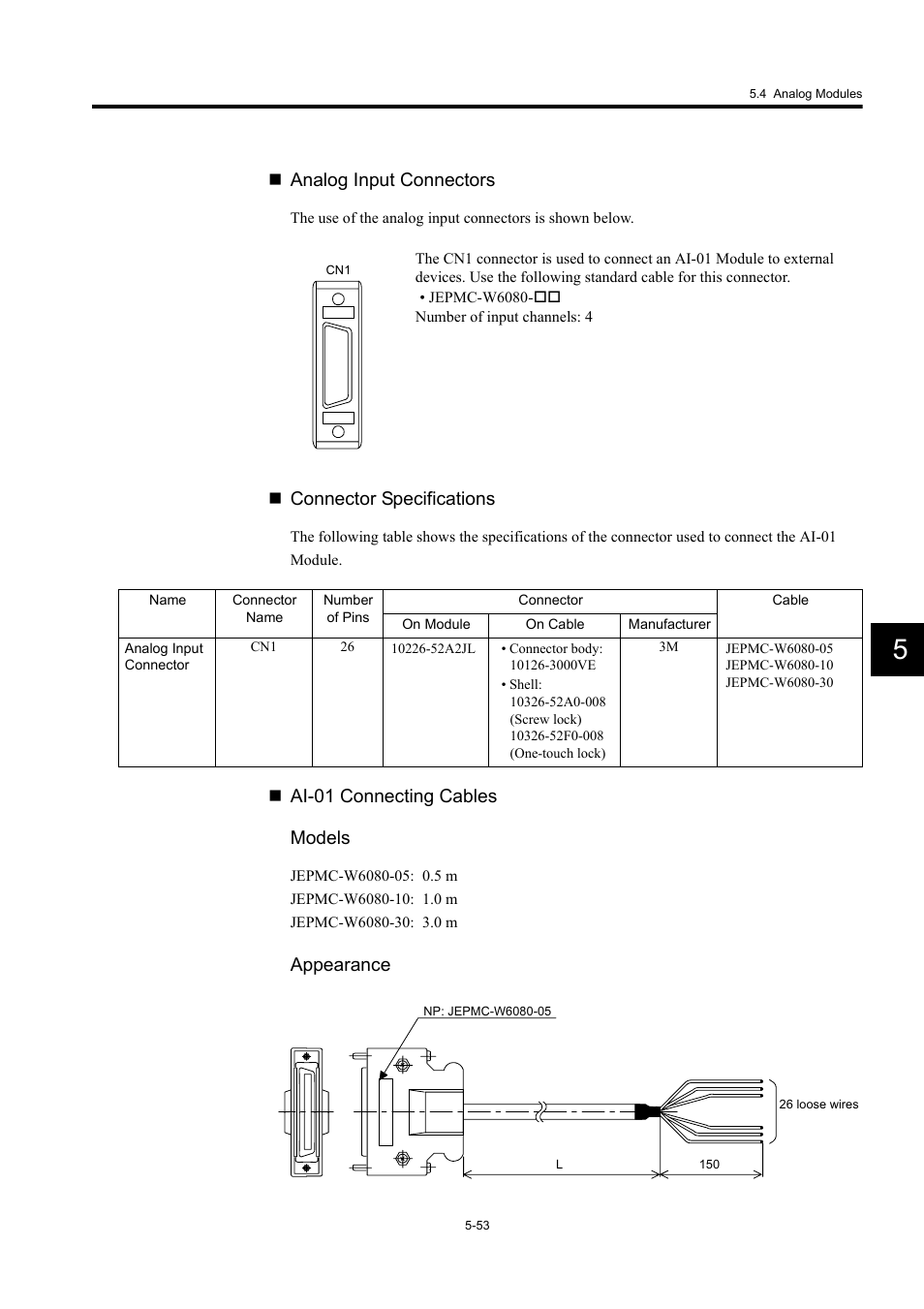 Analog input connectors, Connector specifications, Ai-01 connecting cables models | Appearance | Yaskawa MP920 User's Manual Design User Manual | Page 248 / 565