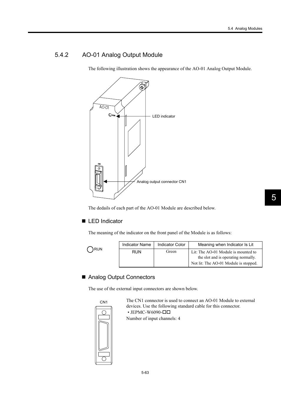 2 ao-01 analog output module, Led indicator, Analog output connectors | Yaskawa MP920 User's Manual Design User Manual | Page 258 / 565