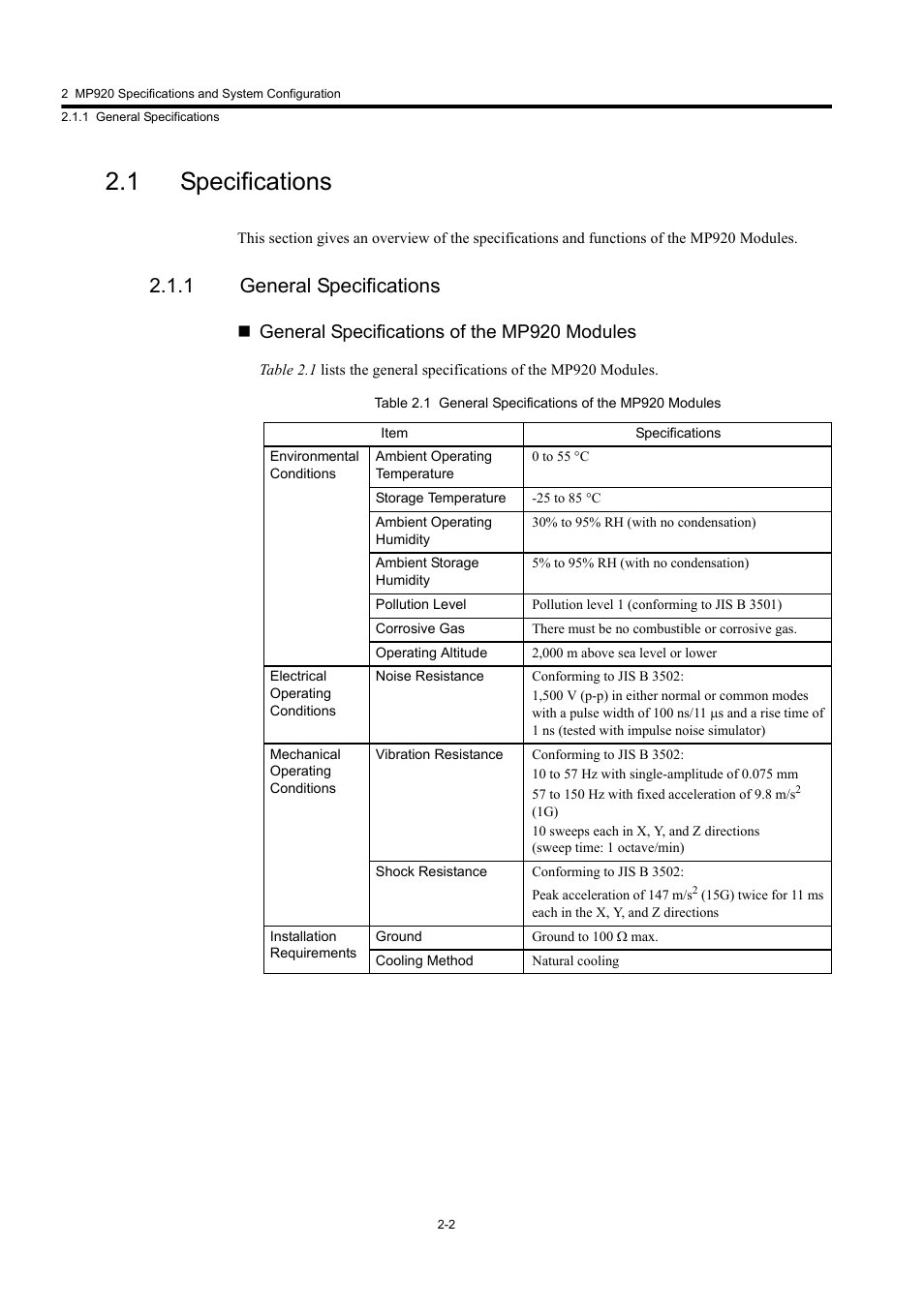 1 specifications, 1 general specifications, General specifications of the mp920 modules | Yaskawa MP920 User's Manual Design User Manual | Page 28 / 565