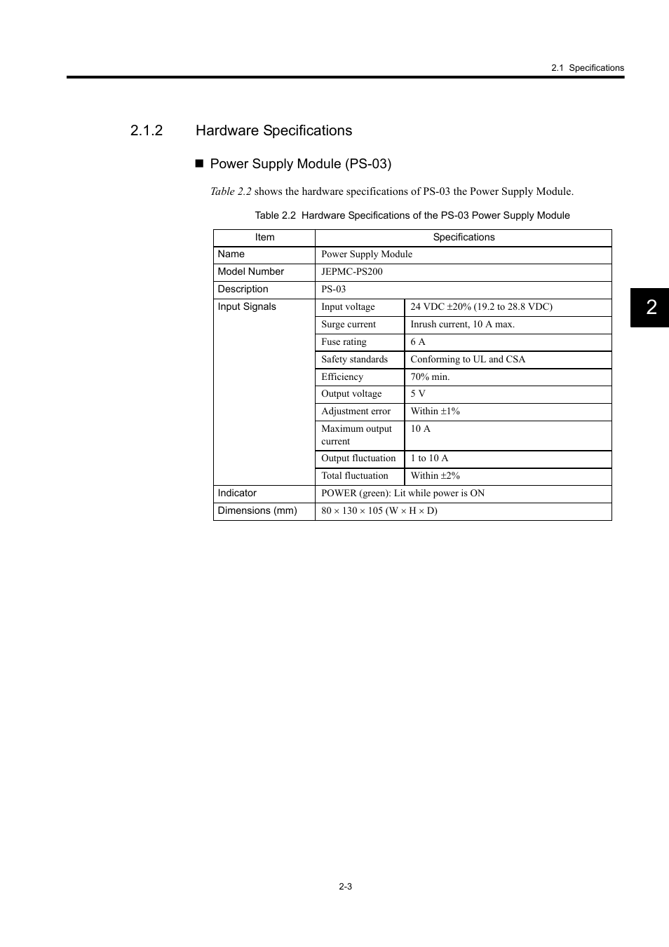 2 hardware specifications, Power supply module (ps-03) | Yaskawa MP920 User's Manual Design User Manual | Page 29 / 565