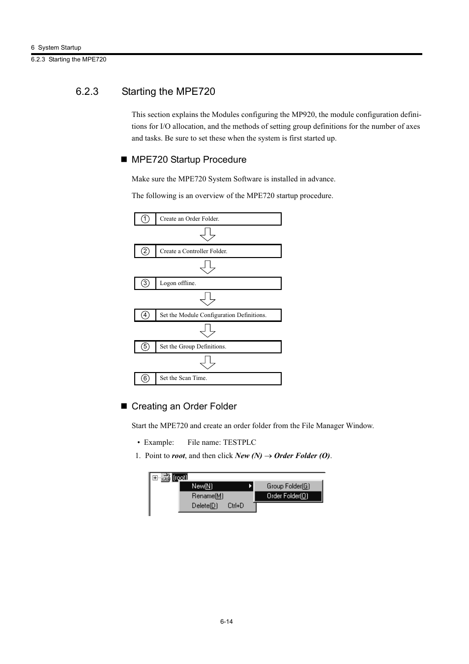 3 starting the mpe720, Mpe720 startup procedure, Creating an order folder | Yaskawa MP920 User's Manual Design User Manual | Page 344 / 565