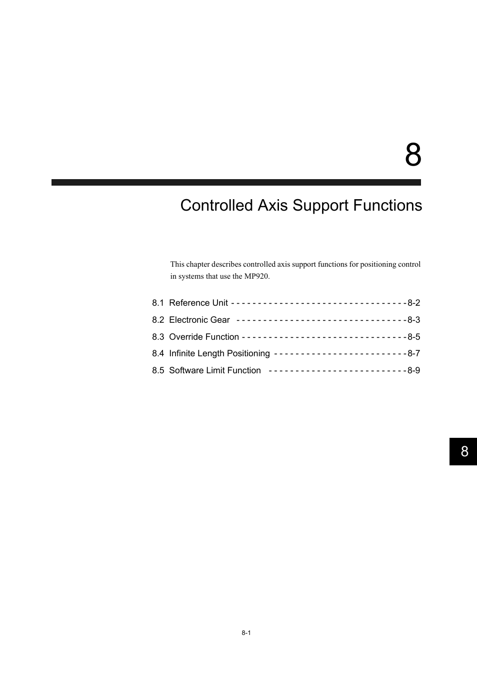 8 controlled axis support functions, Controlled axis support functions | Yaskawa MP920 User's Manual Design User Manual | Page 418 / 565