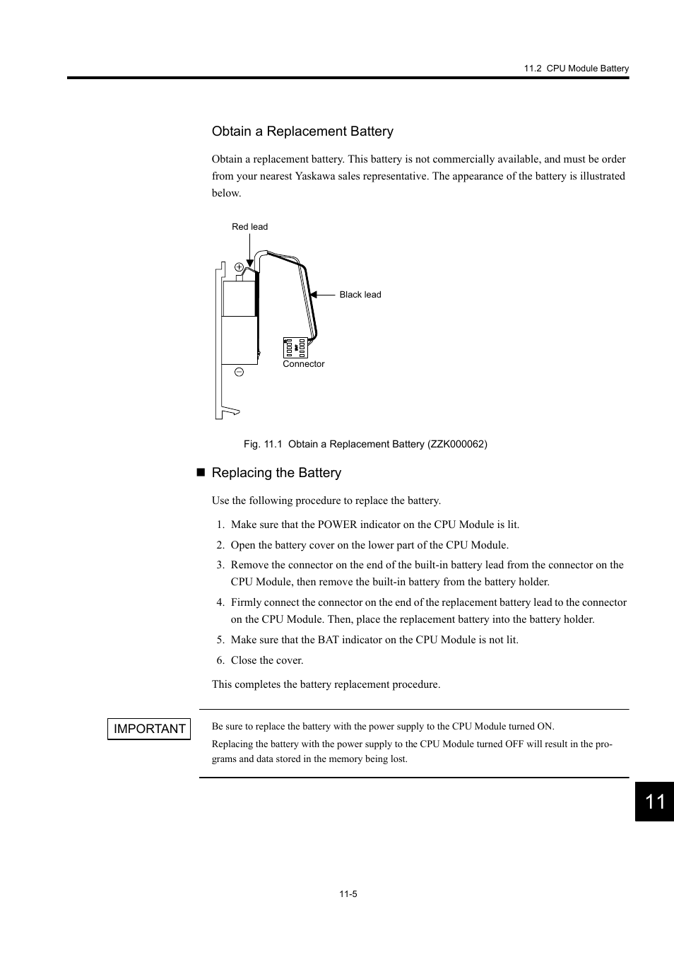 Obtain a replacement battery, Replacing the battery, Important | Yaskawa MP920 User's Manual Design User Manual | Page 477 / 565