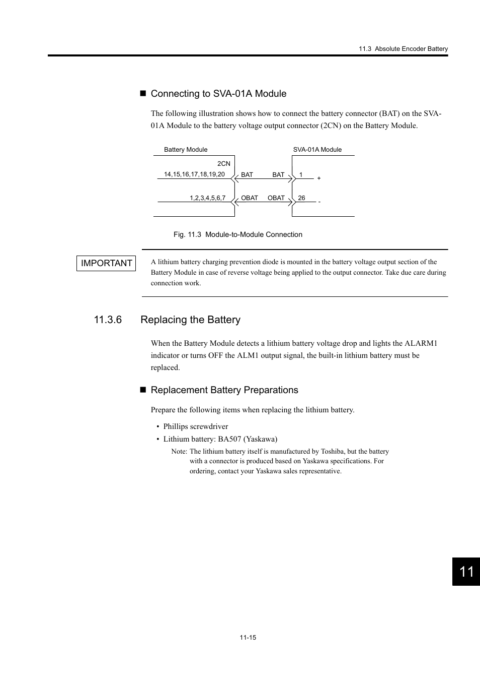 6 replacing the battery, Connecting to sva-01a module, Replacement battery preparations | Yaskawa MP920 User's Manual Design User Manual | Page 487 / 565