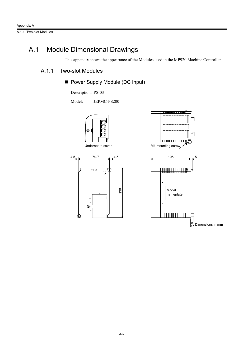 A.1 module dimensional drawings, A.1.1 two-slot modules, Power supply module (dc input) | Yaskawa MP920 User's Manual Design User Manual | Page 517 / 565