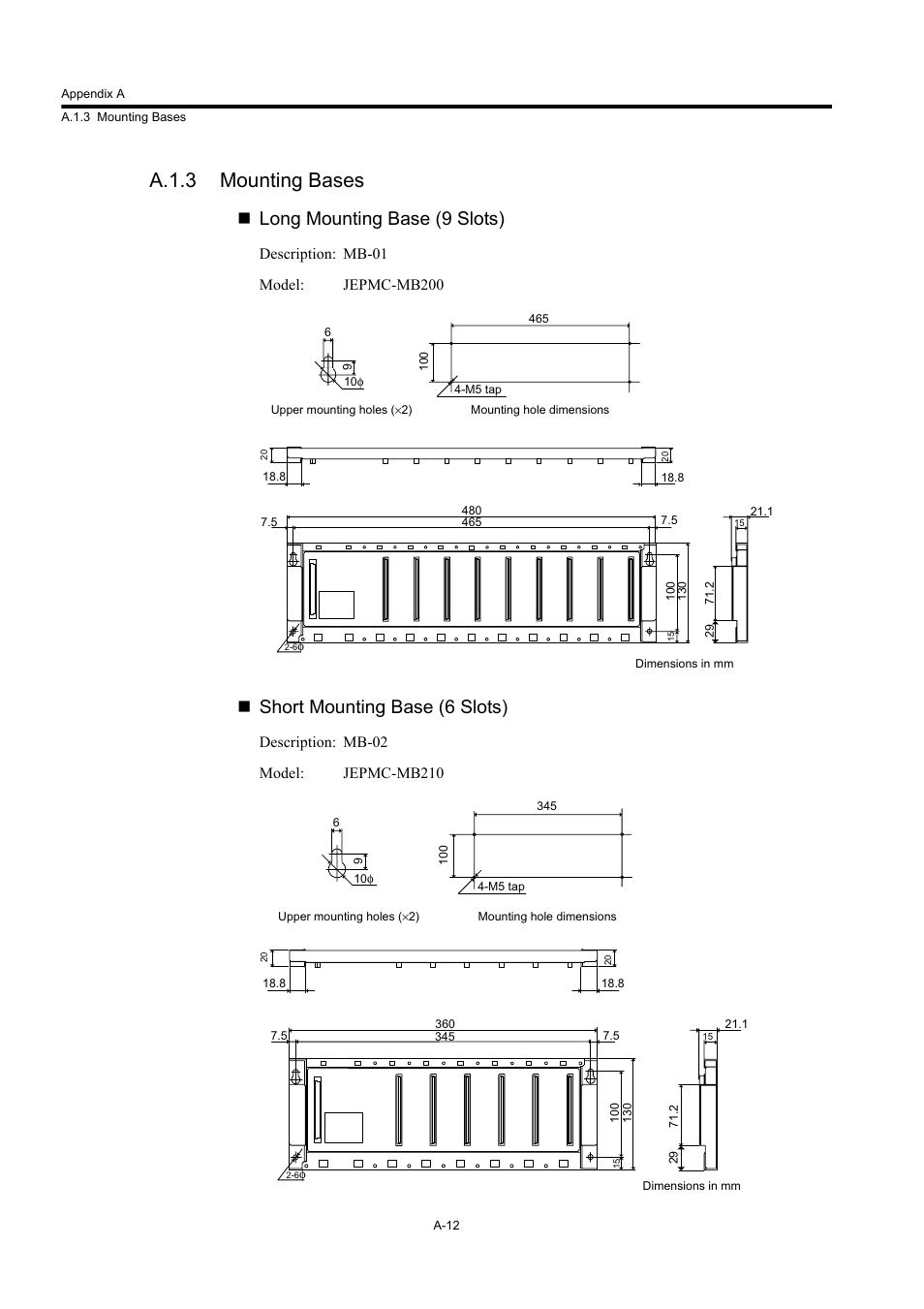 A.1.3 mounting bases, Long mounting base (9 slots), Short mounting base (6 slots) | Yaskawa MP920 User's Manual Design User Manual | Page 527 / 565