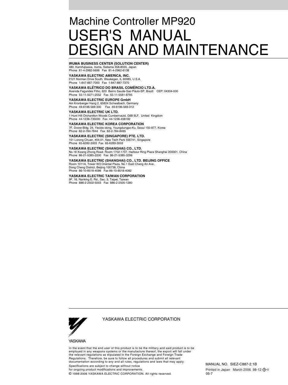 Back cover, User's manual design and maintenance, Machine controller mp920 | Yaskawa MP920 User's Manual Design User Manual | Page 565 / 565