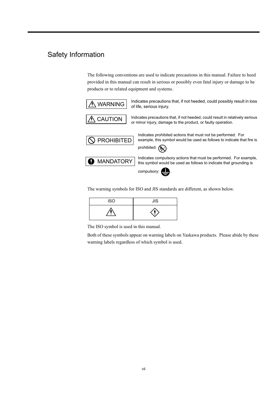 Safety information, Warning caution prohibited mandatory | Yaskawa MP920 User's Manual Design User Manual | Page 7 / 565