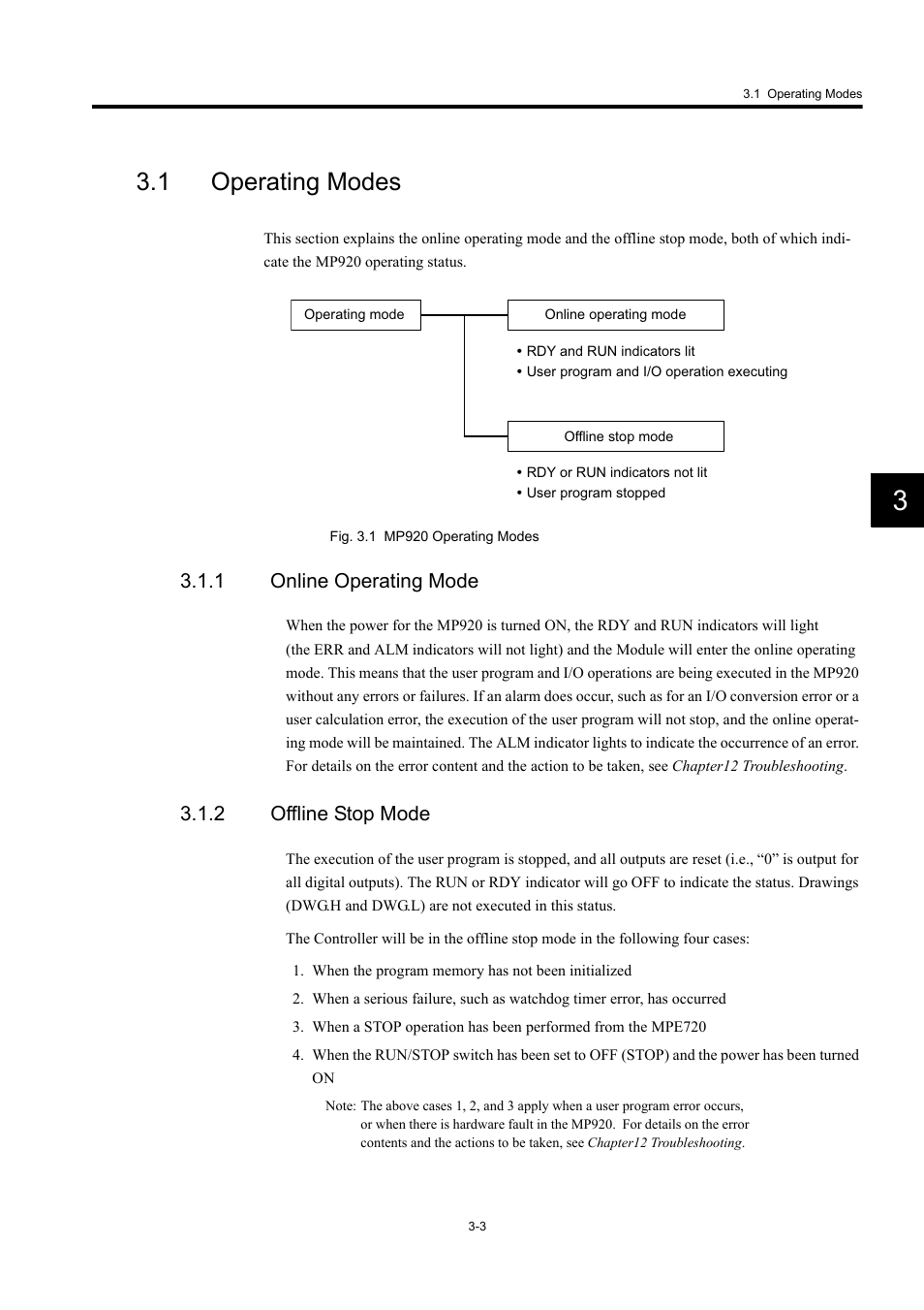 1 operating modes, 1 online operating mode, 2 offline stop mode | Yaskawa MP920 User's Manual Design User Manual | Page 77 / 565