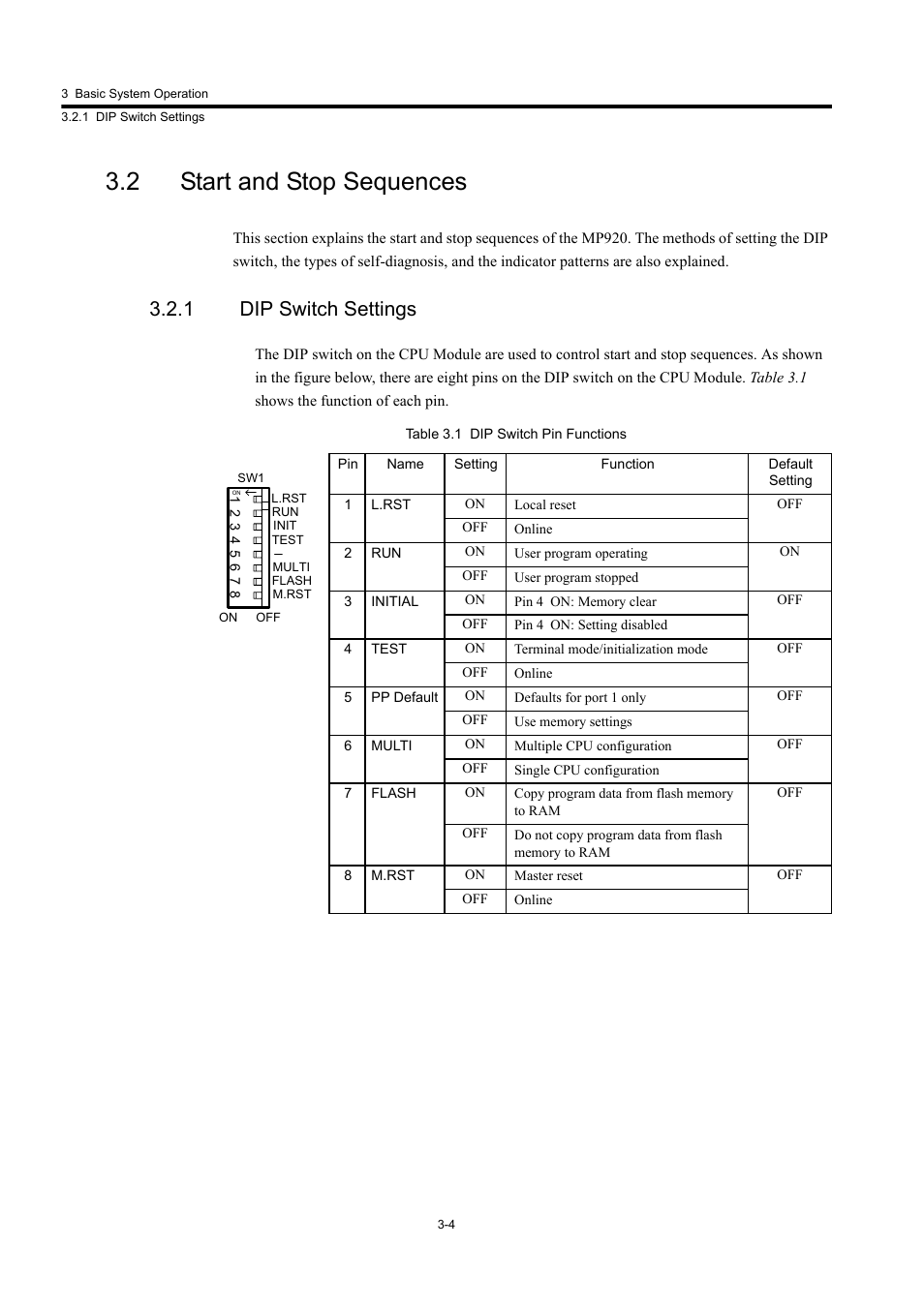 2 start and stop sequences, 1 dip switch settings | Yaskawa MP920 User's Manual Design User Manual | Page 78 / 565