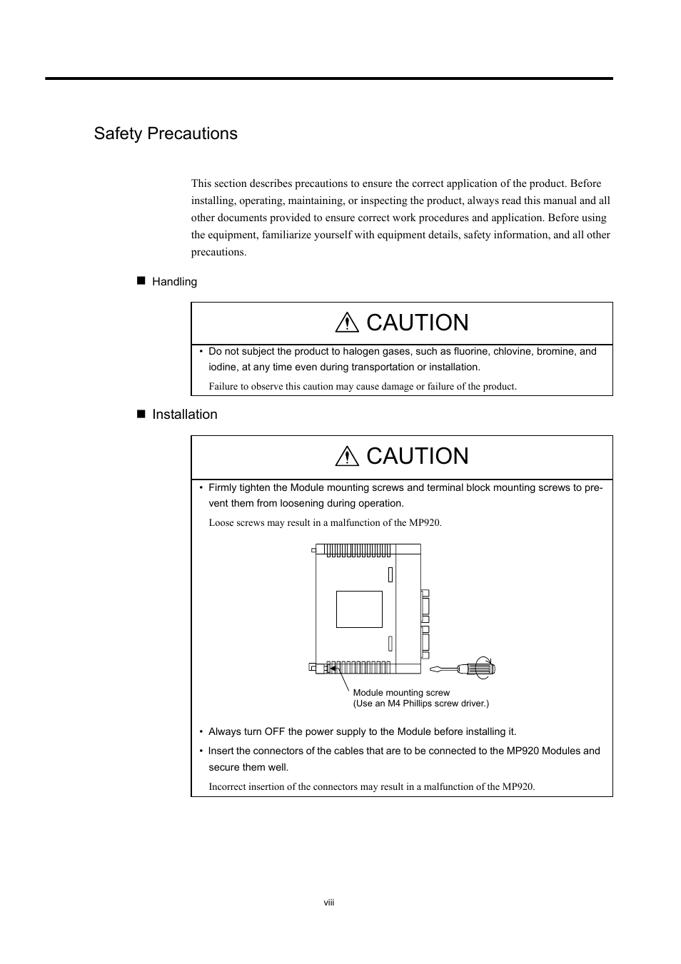 Safety precautions, Caution | Yaskawa MP920 User's Manual Design User Manual | Page 8 / 565