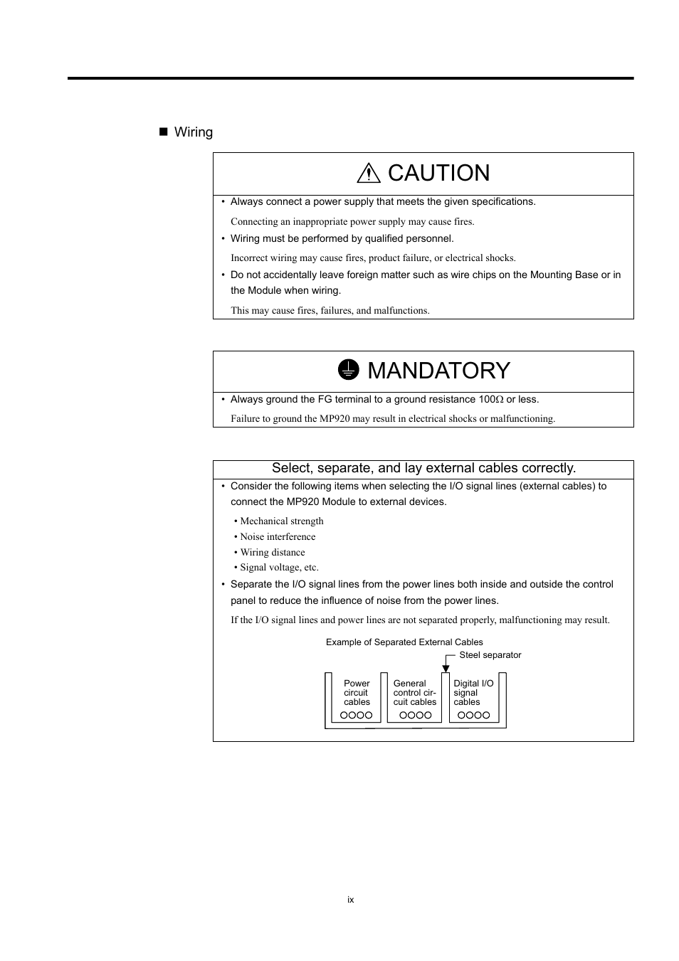 Caution, Mandatory, Wiring | Yaskawa MP920 User's Manual Design User Manual | Page 9 / 565