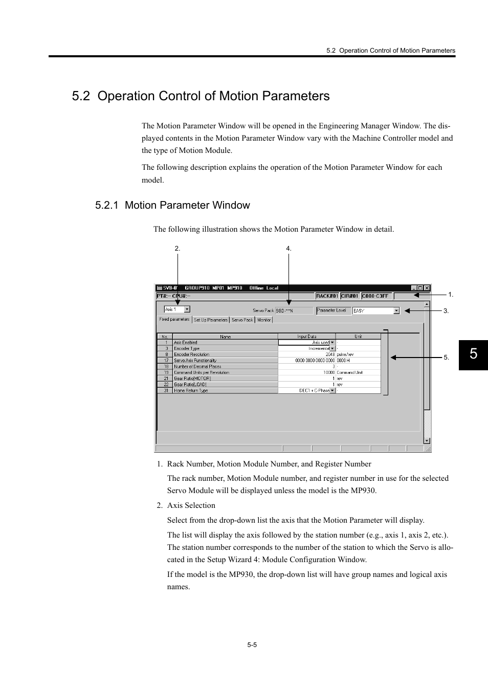 2 operation control of motion parameters, 1 motion parameter window | Yaskawa MP900 Series Machine Controller Programming Panel for Simple Operation User Manual | Page 121 / 140