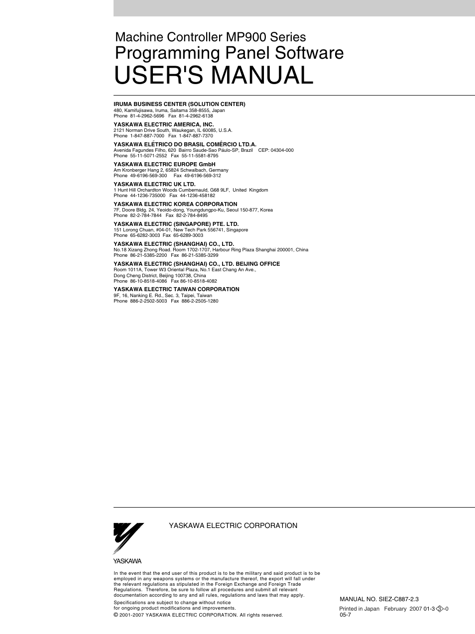 Back cover, User's manual, Programming panel software | Machine controller mp900 series | Yaskawa MP900 Series Machine Controller Programming Panel for Simple Operation User Manual | Page 140 / 140