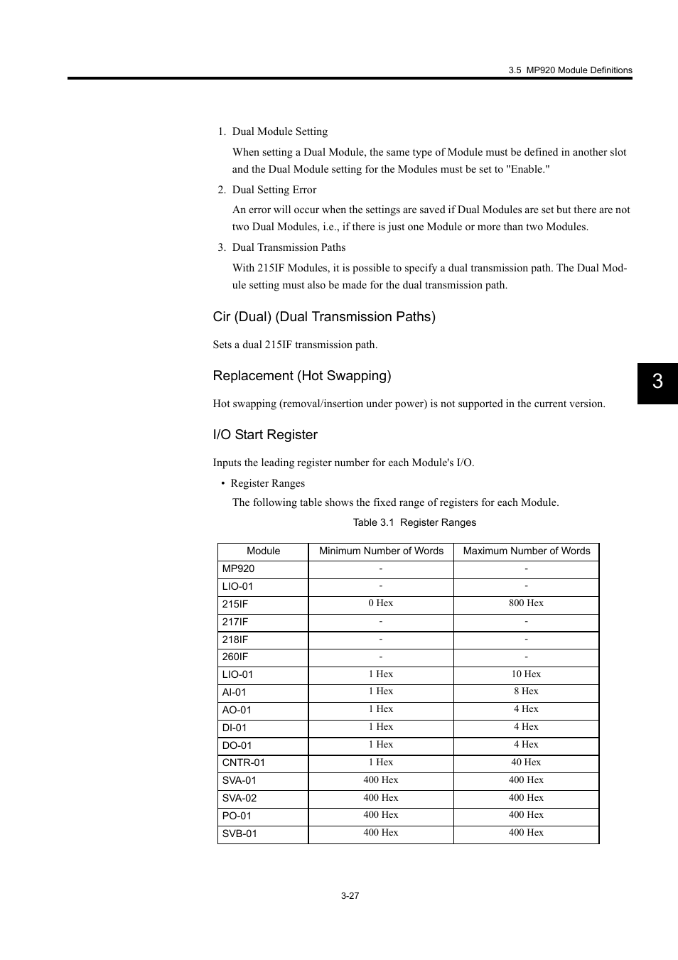 Cir (dual) (dual transmission paths), Replacement (hot swapping), I/o start register | Yaskawa MP900 Series Machine Controller for Standard Operation User Manual | Page 122 / 509
