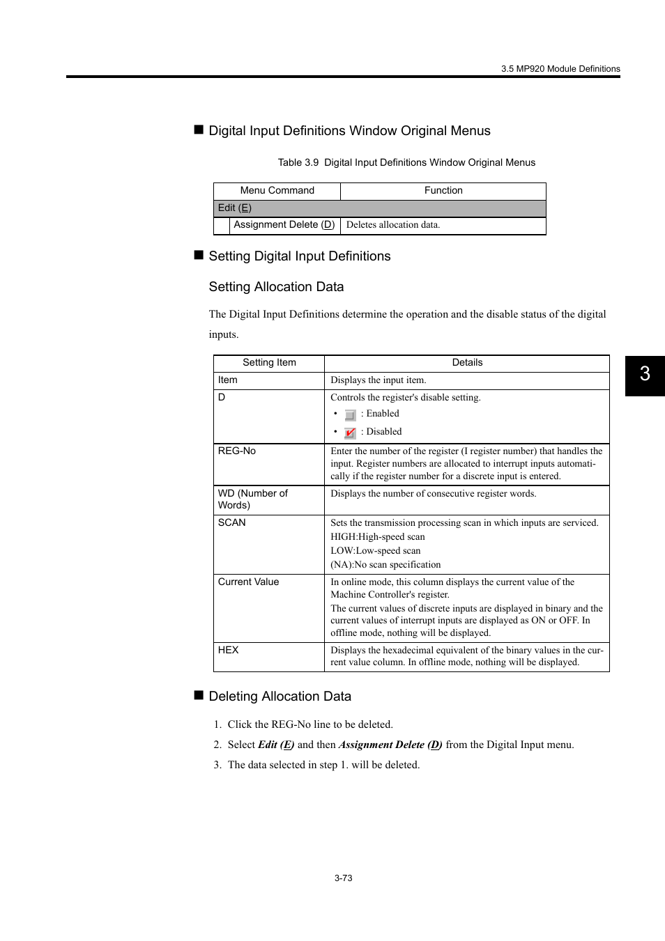 Digital input definitions window original menus, Deleting allocation data | Yaskawa MP900 Series Machine Controller for Standard Operation User Manual | Page 168 / 509