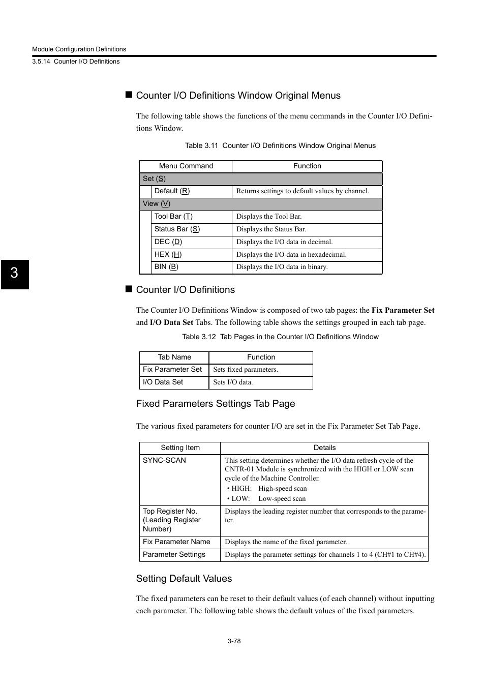 Counter i/o definitions window original menus, Counter i/o definitions, Fixed parameters settings tab page | Setting default values | Yaskawa MP900 Series Machine Controller for Standard Operation User Manual | Page 173 / 509