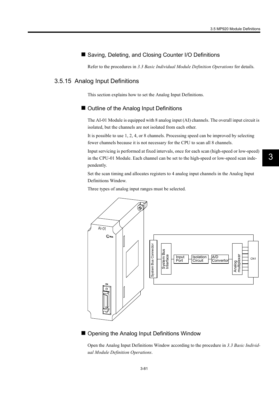 15 analog input definitions, Outline of the analog input definitions, Opening the analog input definitions window | Yaskawa MP900 Series Machine Controller for Standard Operation User Manual | Page 176 / 509