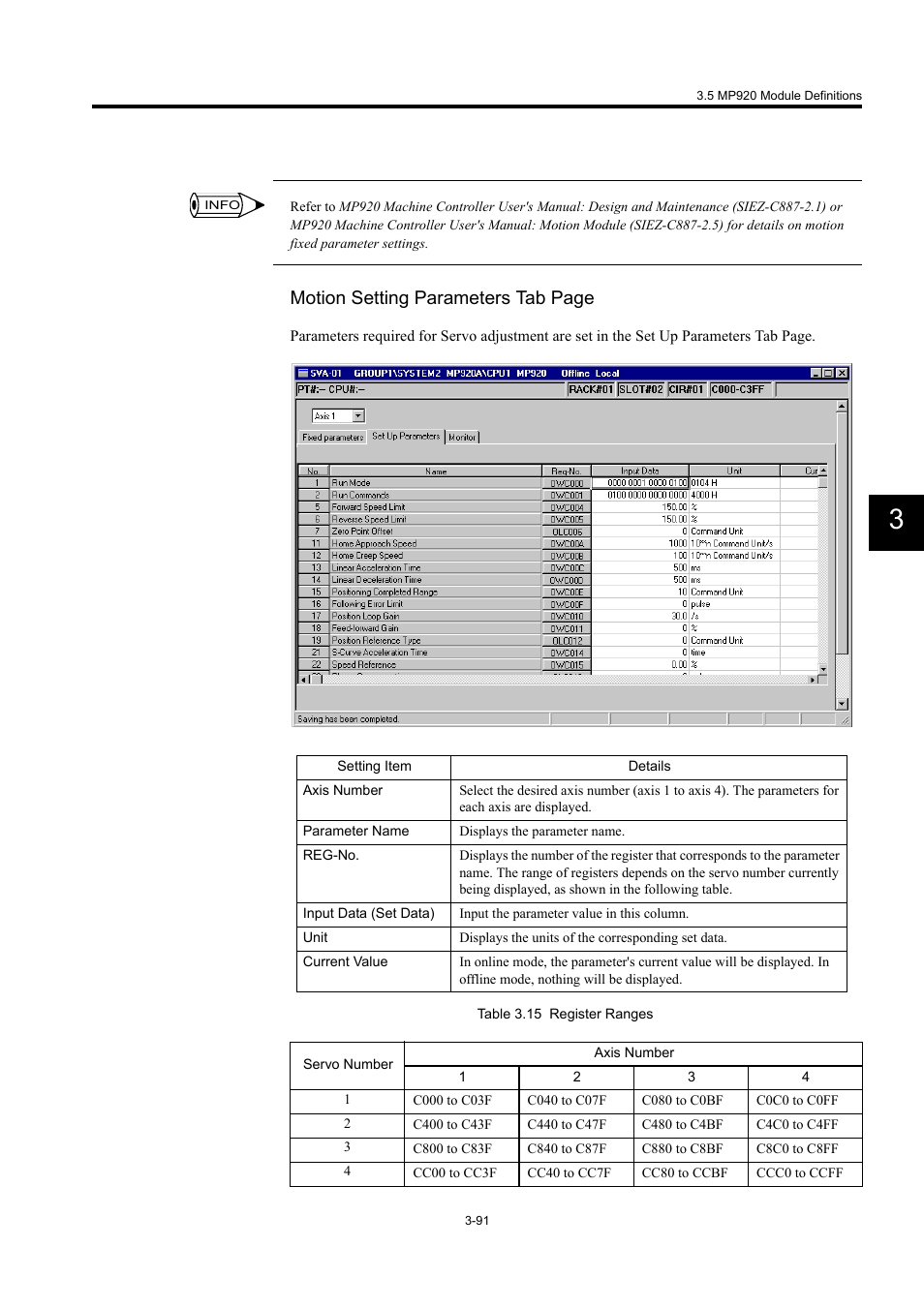 Motion setting parameters tab page | Yaskawa MP900 Series Machine Controller for Standard Operation User Manual | Page 186 / 509