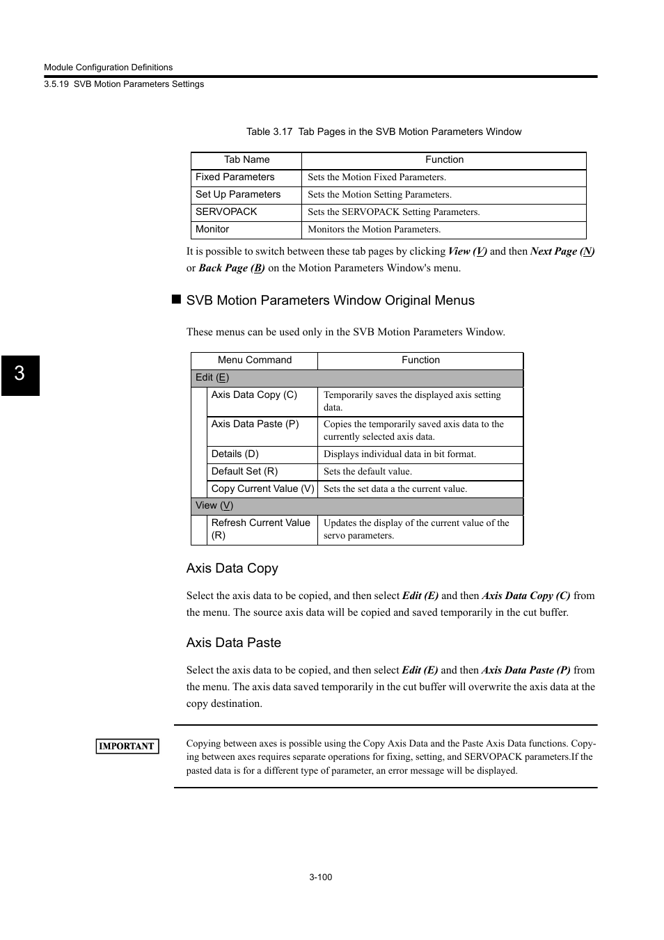 Svb motion parameters window original menus, Axis data copy, Axis data paste | Yaskawa MP900 Series Machine Controller for Standard Operation User Manual | Page 195 / 509