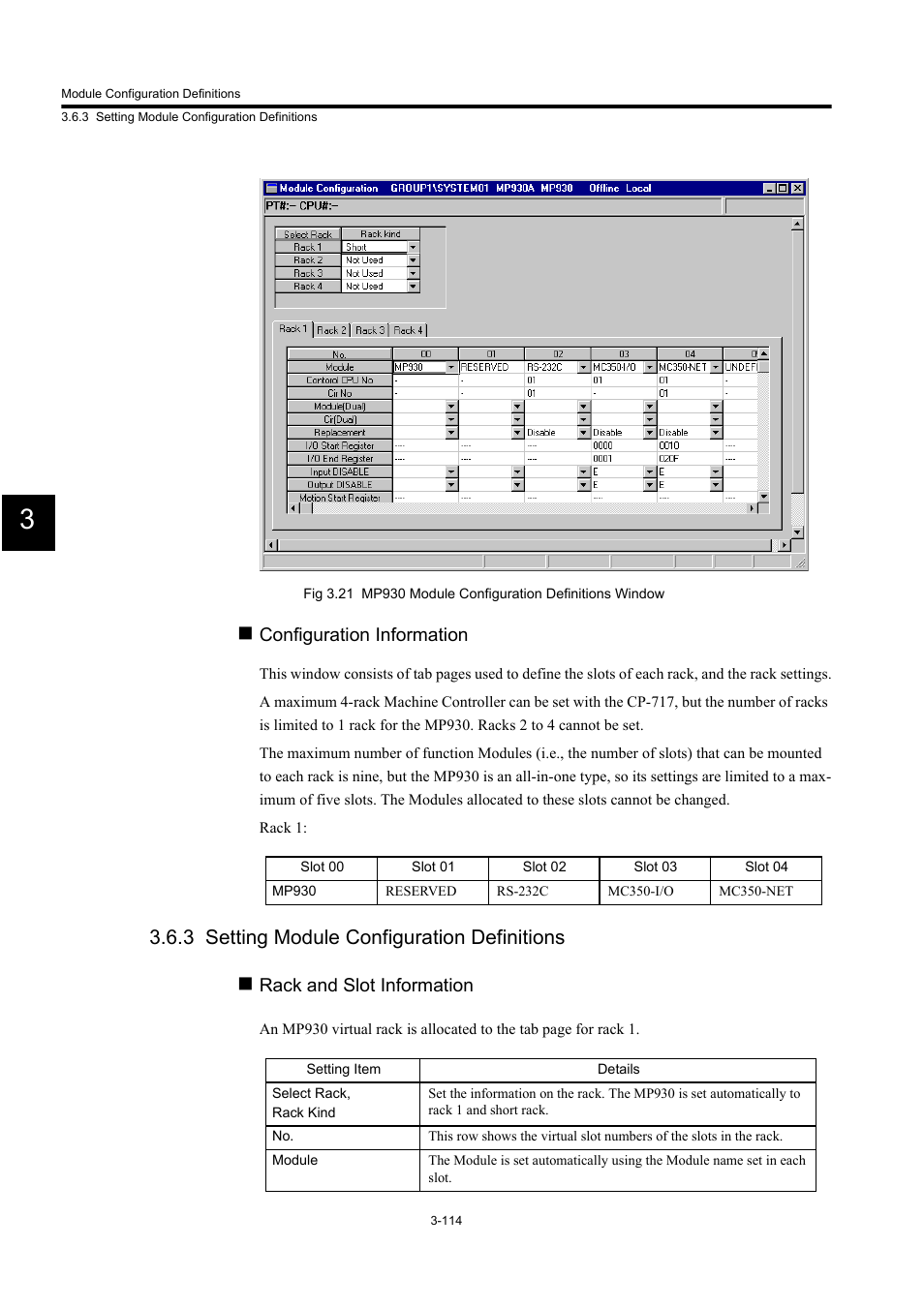 3 setting module configuration definitions, Configuration information, Rack and slot information | Yaskawa MP900 Series Machine Controller for Standard Operation User Manual | Page 209 / 509