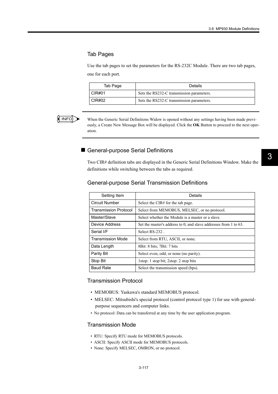 Tab pages, General-purpose serial definitions, Transmission mode | Yaskawa MP900 Series Machine Controller for Standard Operation User Manual | Page 212 / 509
