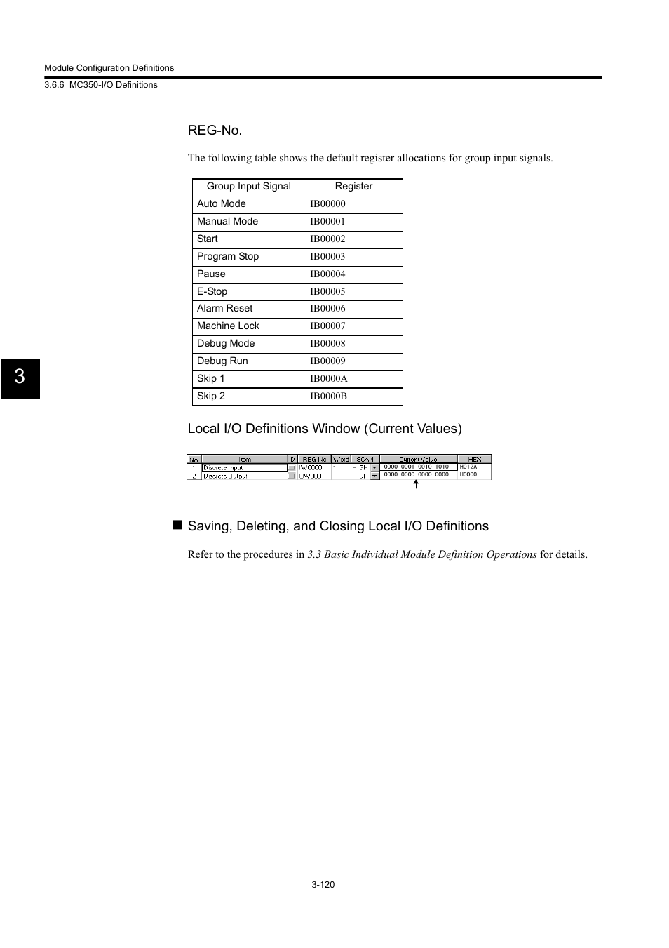 Reg-no, Local i/o definitions window (current values) | Yaskawa MP900 Series Machine Controller for Standard Operation User Manual | Page 215 / 509