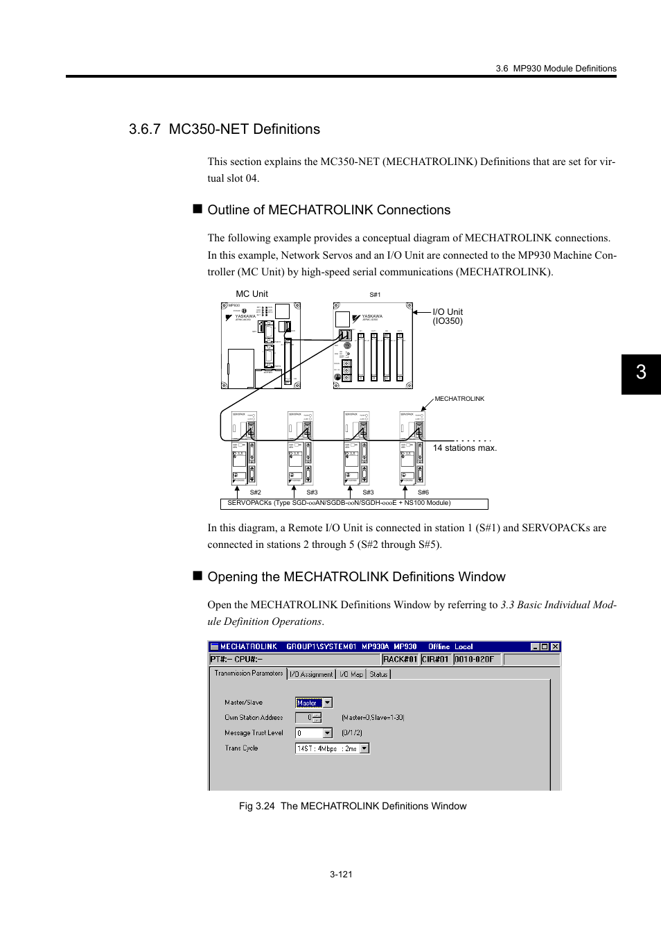 7 mc350-net definitions, Outline of mechatrolink connections, Opening the mechatrolink definitions window | Fig 3.24 the mechatrolink definitions window | Yaskawa MP900 Series Machine Controller for Standard Operation User Manual | Page 216 / 509