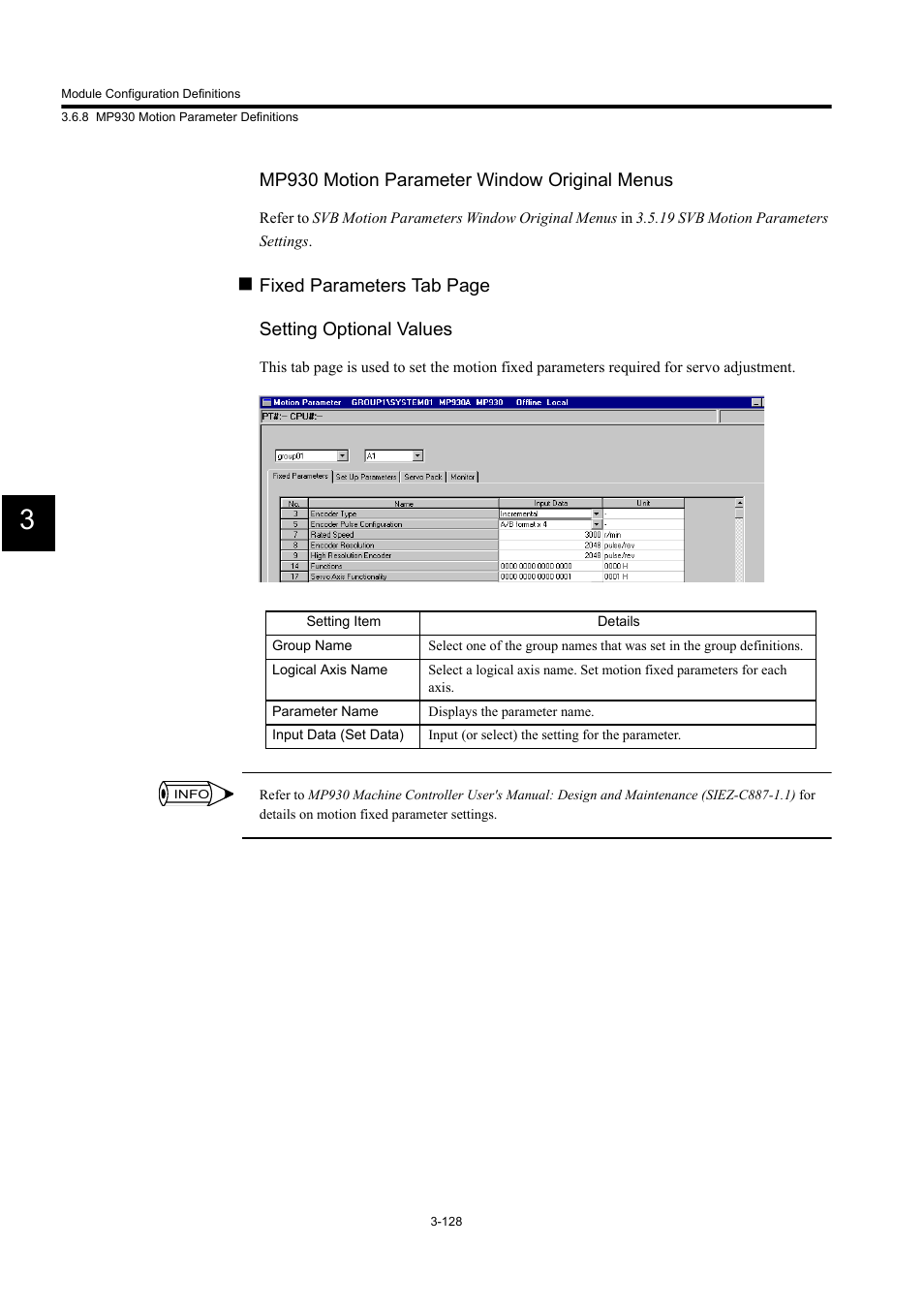 Mp930 motion parameter window original menus, Fixed parameters tab page setting optional values | Yaskawa MP900 Series Machine Controller for Standard Operation User Manual | Page 223 / 509