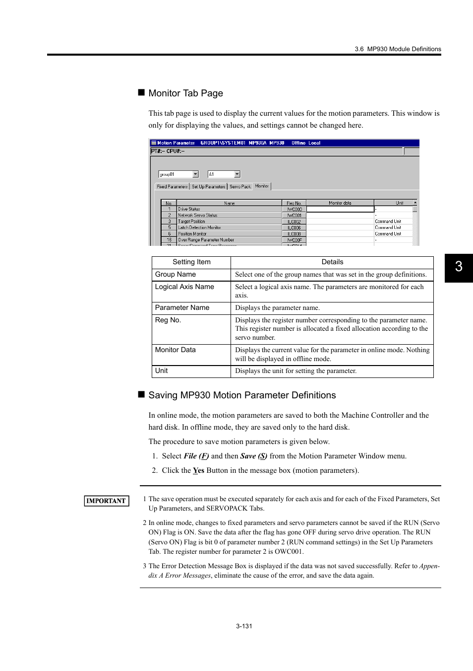 Monitor tab page, Saving mp930 motion parameter definitions | Yaskawa MP900 Series Machine Controller for Standard Operation User Manual | Page 226 / 509