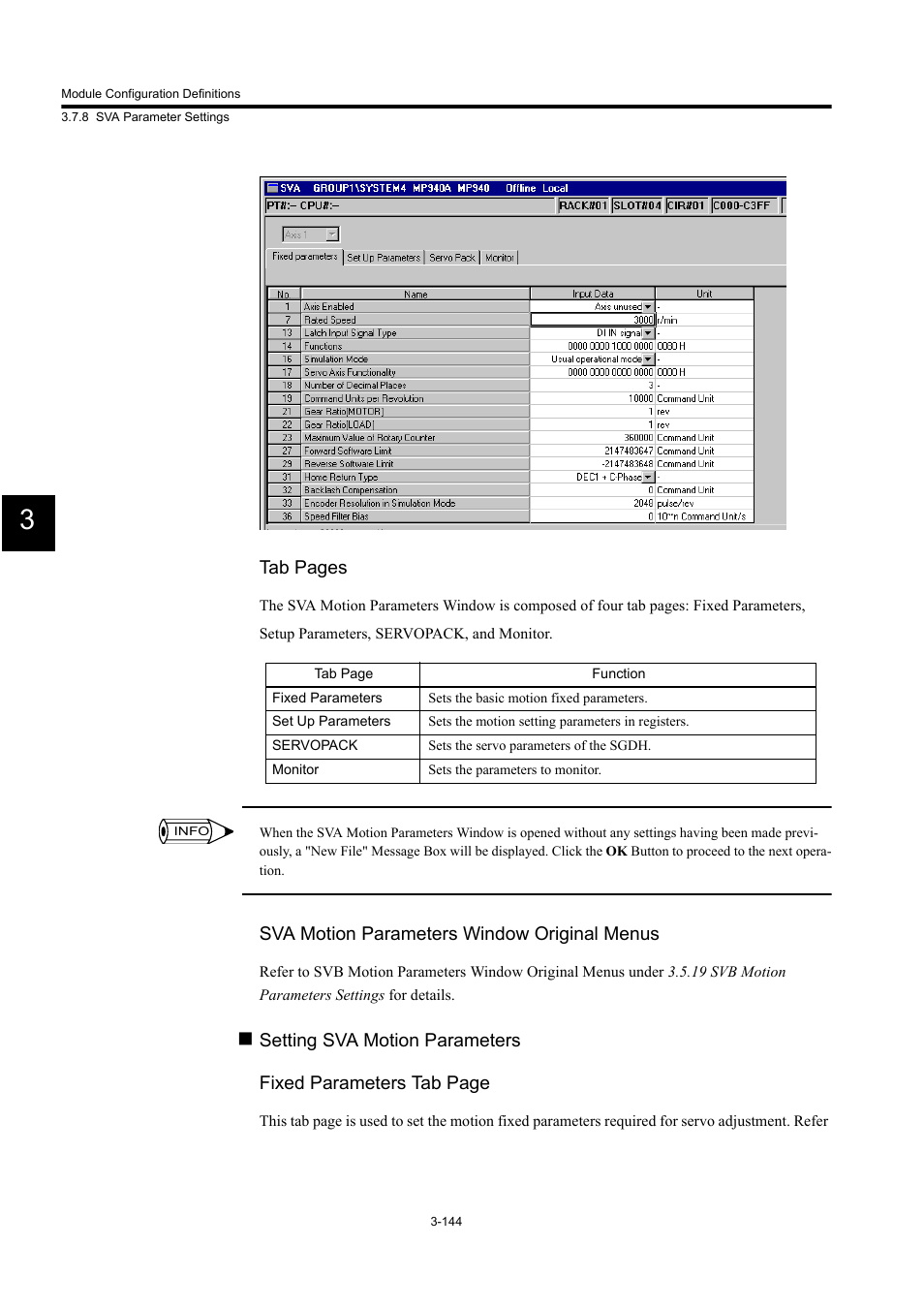 Tab pages, Sva motion parameters window original menus | Yaskawa MP900 Series Machine Controller for Standard Operation User Manual | Page 239 / 509