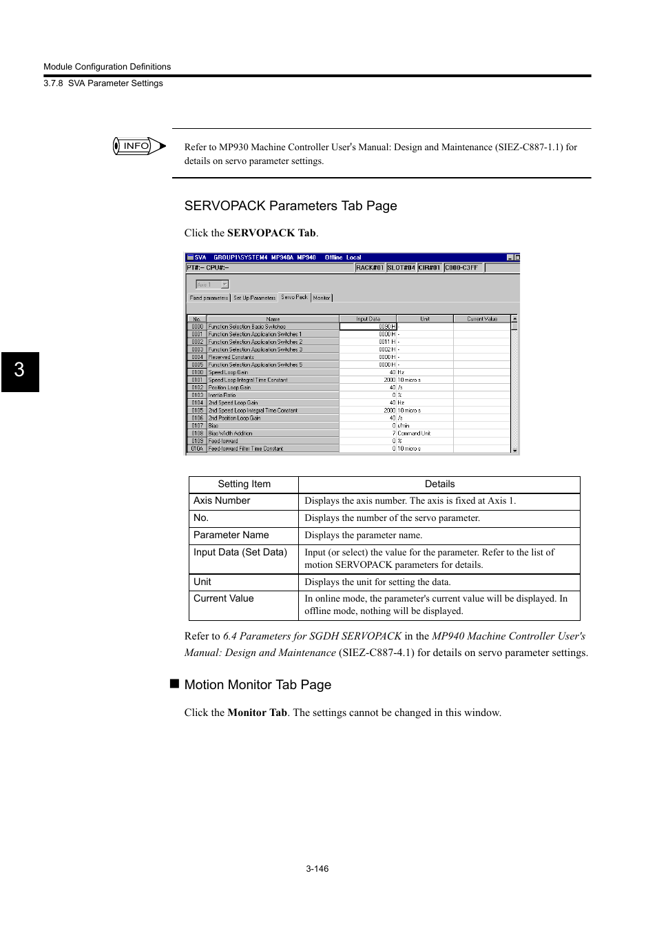 Servopack parameters tab page, Motion monitor tab page | Yaskawa MP900 Series Machine Controller for Standard Operation User Manual | Page 241 / 509