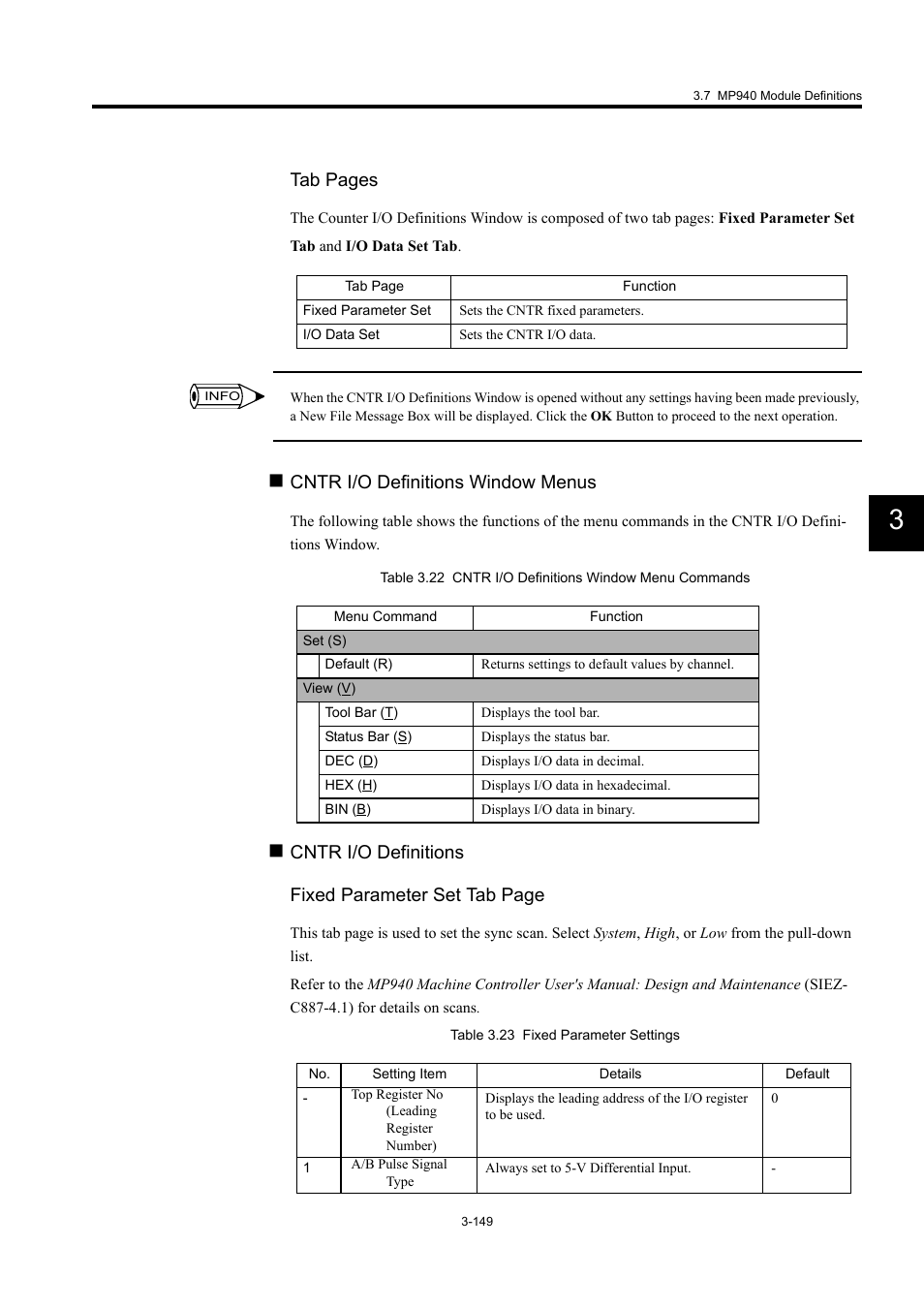 Tab pages, Cntr i/o definitions window menus, Cntr i/o definitions fixed parameter set tab page | Yaskawa MP900 Series Machine Controller for Standard Operation User Manual | Page 244 / 509