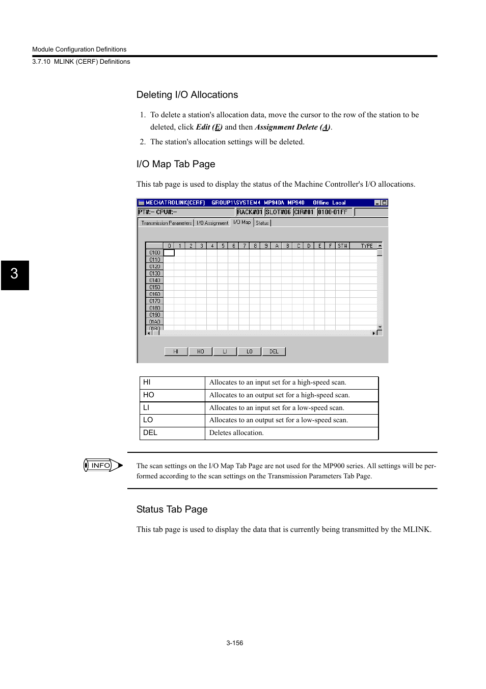 Deleting i/o allocations, I/o map tab page, Status tab page | Yaskawa MP900 Series Machine Controller for Standard Operation User Manual | Page 251 / 509