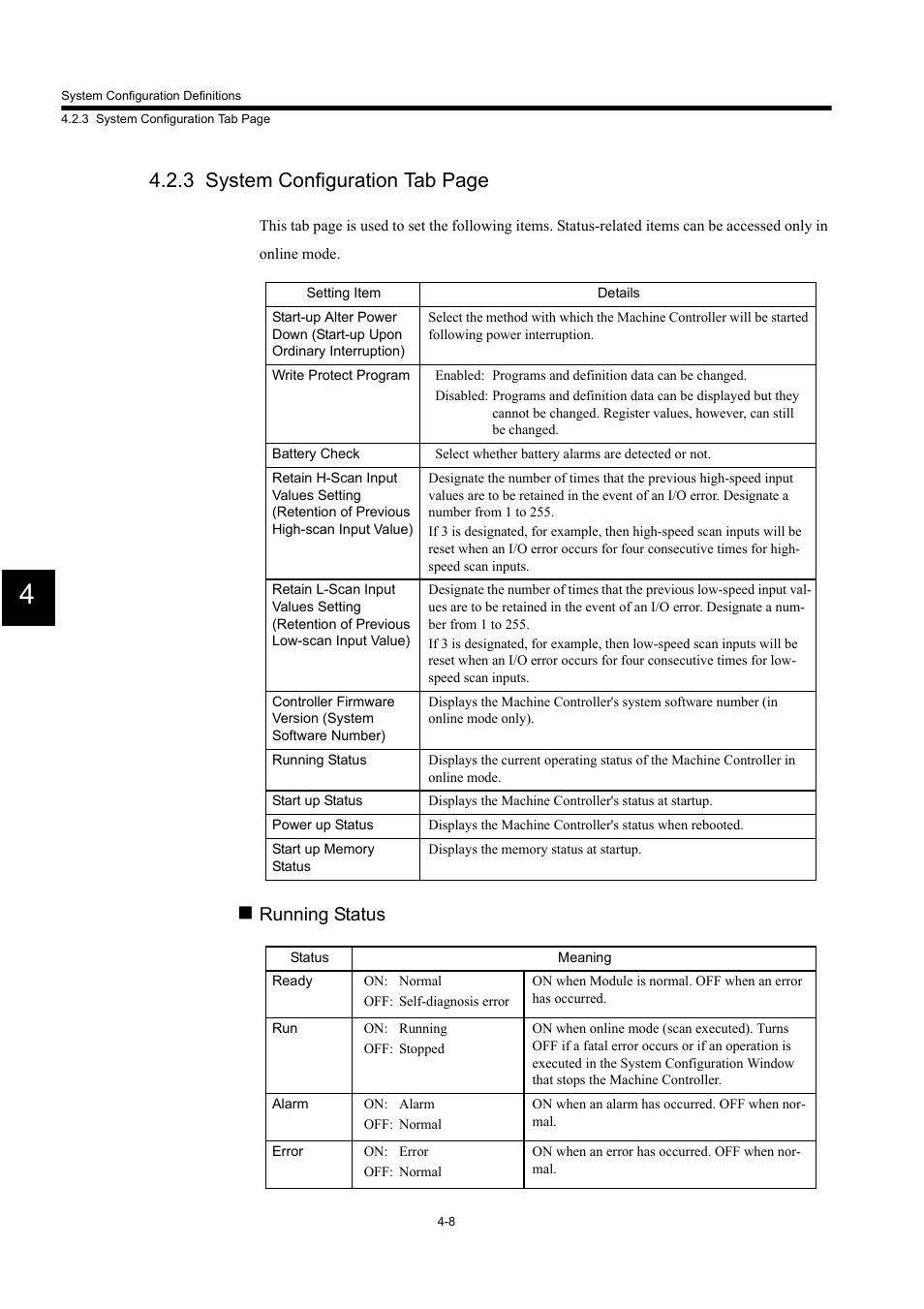 3 system configuration tab page, Running status | Yaskawa MP900 Series Machine Controller for Standard Operation User Manual | Page 265 / 509