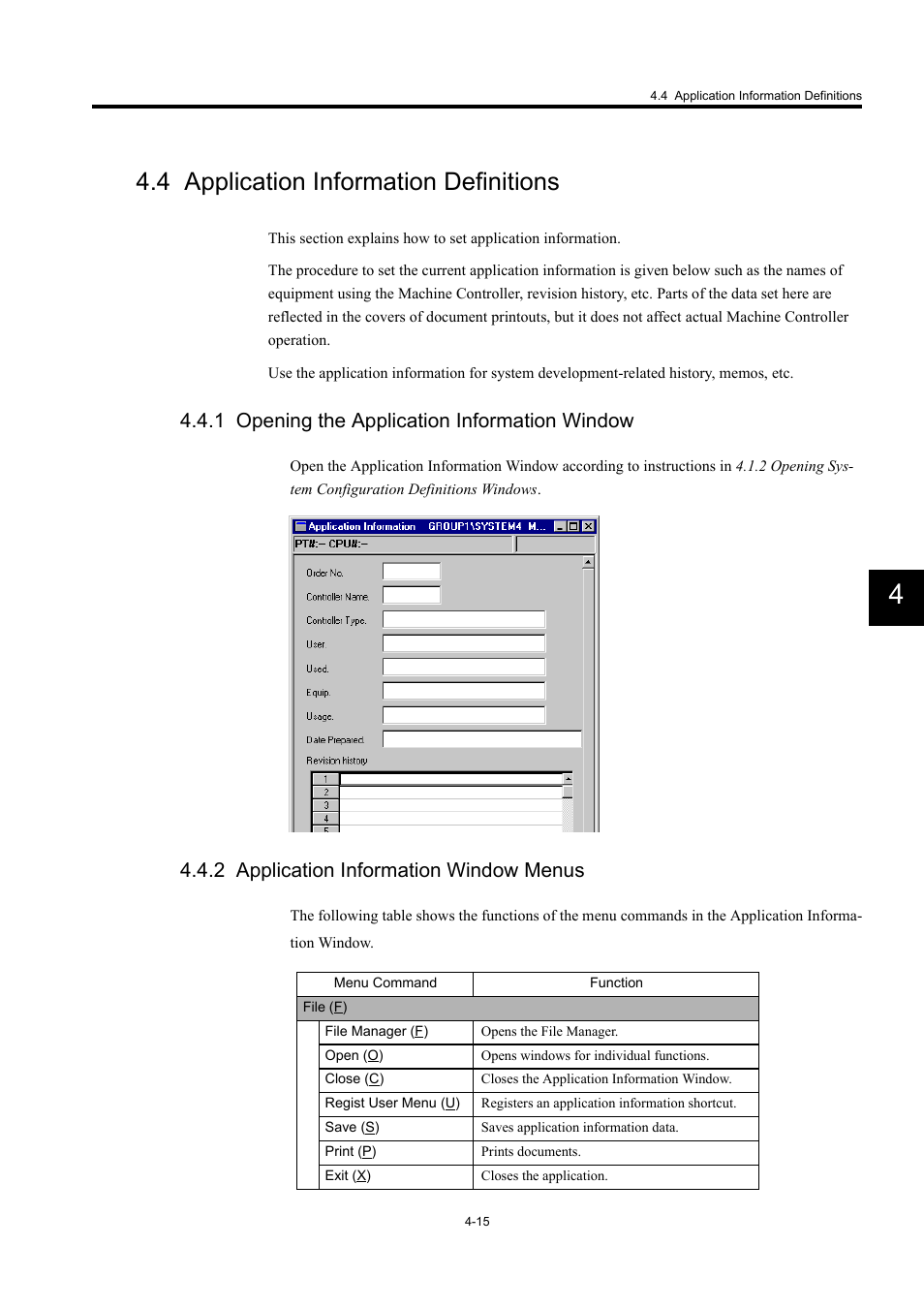 4 application information definitions, 1 opening the application information window, 2 application information window menus | Yaskawa MP900 Series Machine Controller for Standard Operation User Manual | Page 272 / 509