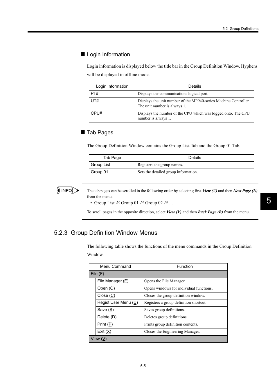 3 group definition window menus, Login information, Tab pages | Yaskawa MP900 Series Machine Controller for Standard Operation User Manual | Page 300 / 509