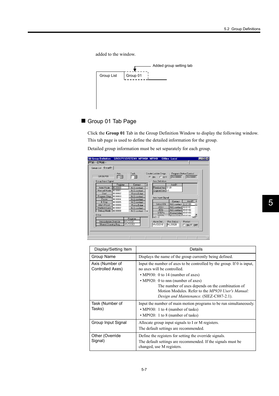 Group 01 tab page | Yaskawa MP900 Series Machine Controller for Standard Operation User Manual | Page 302 / 509
