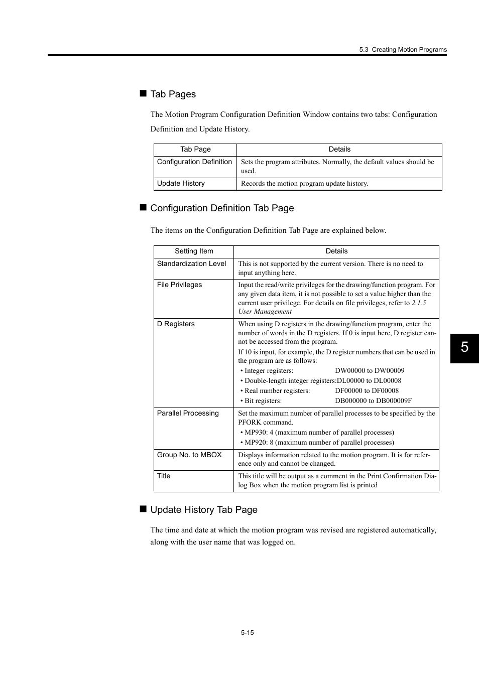 Tab pages, Configuration definition tab page, Update history tab page | Yaskawa MP900 Series Machine Controller for Standard Operation User Manual | Page 310 / 509