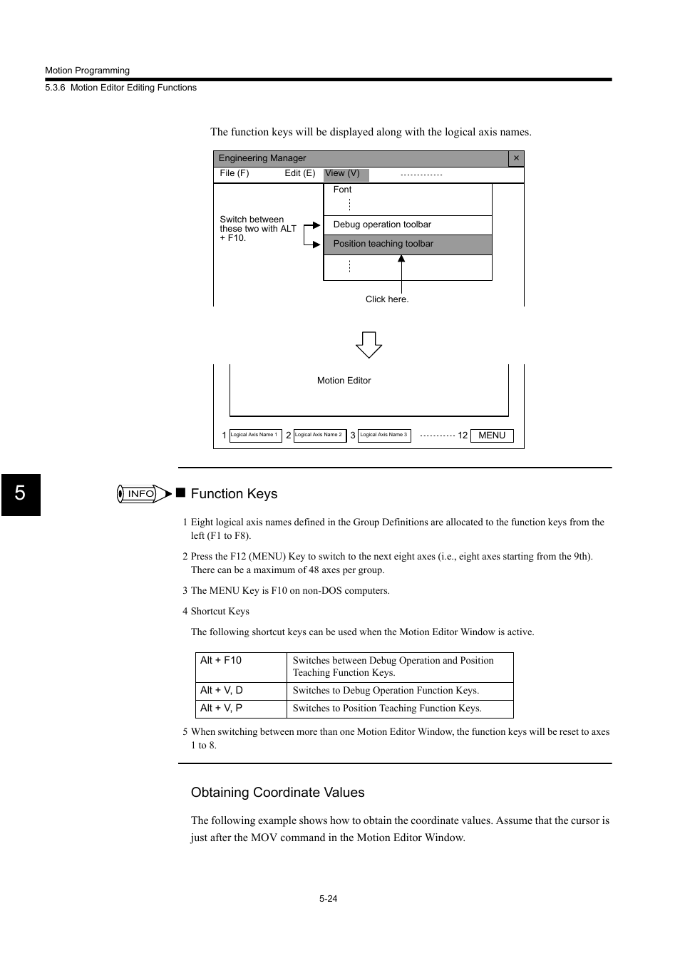 Function keys, Obtaining coordinate values | Yaskawa MP900 Series Machine Controller for Standard Operation User Manual | Page 319 / 509