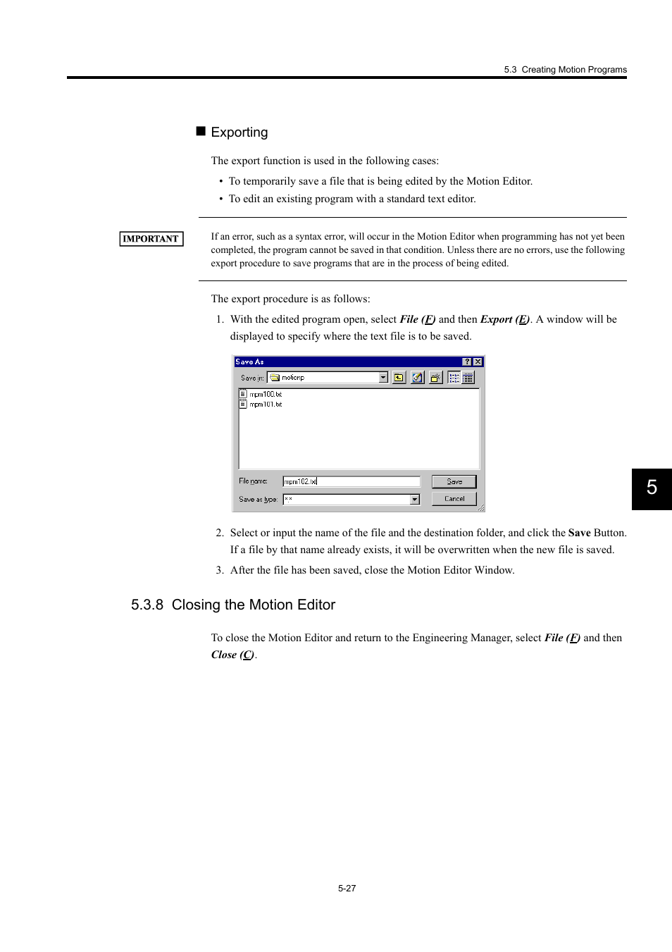 8 closing the motion editor | Yaskawa MP900 Series Machine Controller for Standard Operation User Manual | Page 322 / 509