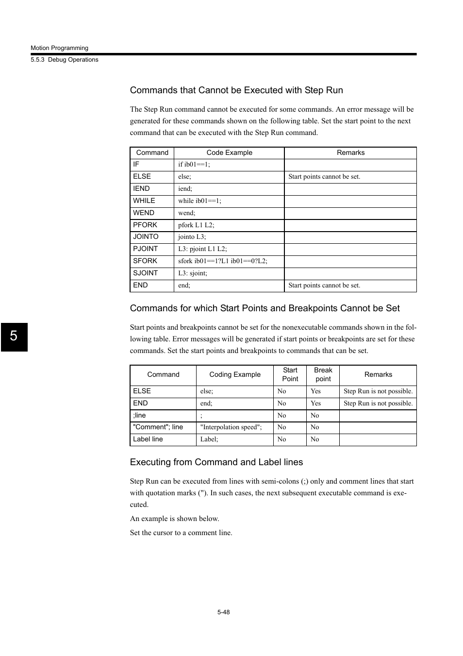 Commands that cannot be executed with step run, Executing from command and label lines | Yaskawa MP900 Series Machine Controller for Standard Operation User Manual | Page 343 / 509