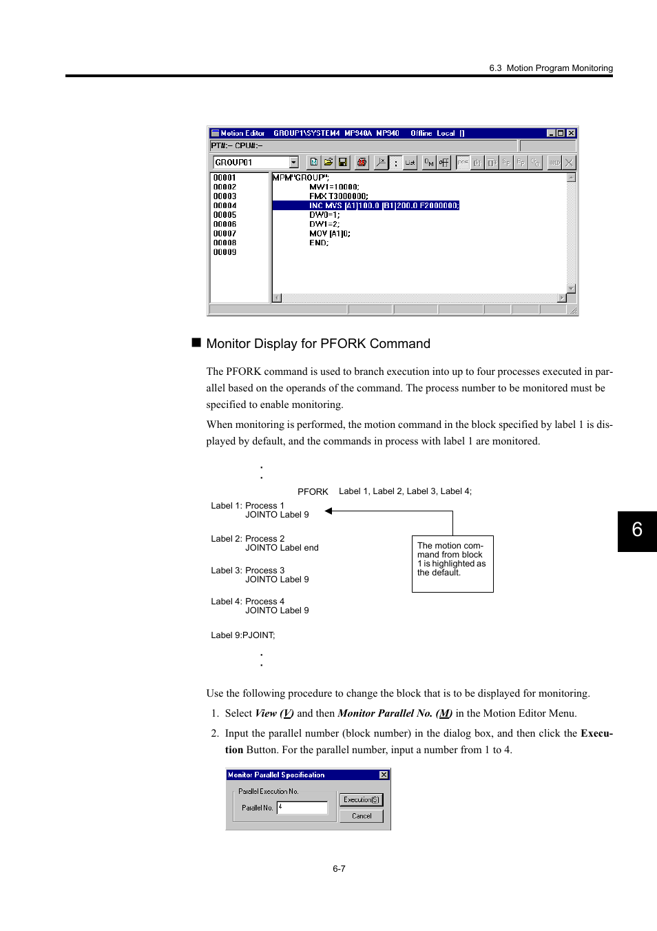 Monitor display for pfork command | Yaskawa MP900 Series Machine Controller for Standard Operation User Manual | Page 351 / 509