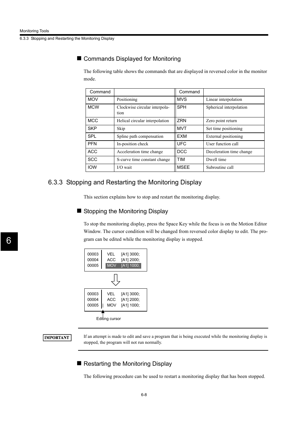 3 stopping and restarting the monitoring display, Commands displayed for monitoring, Stopping the monitoring display | Restarting the monitoring display | Yaskawa MP900 Series Machine Controller for Standard Operation User Manual | Page 352 / 509